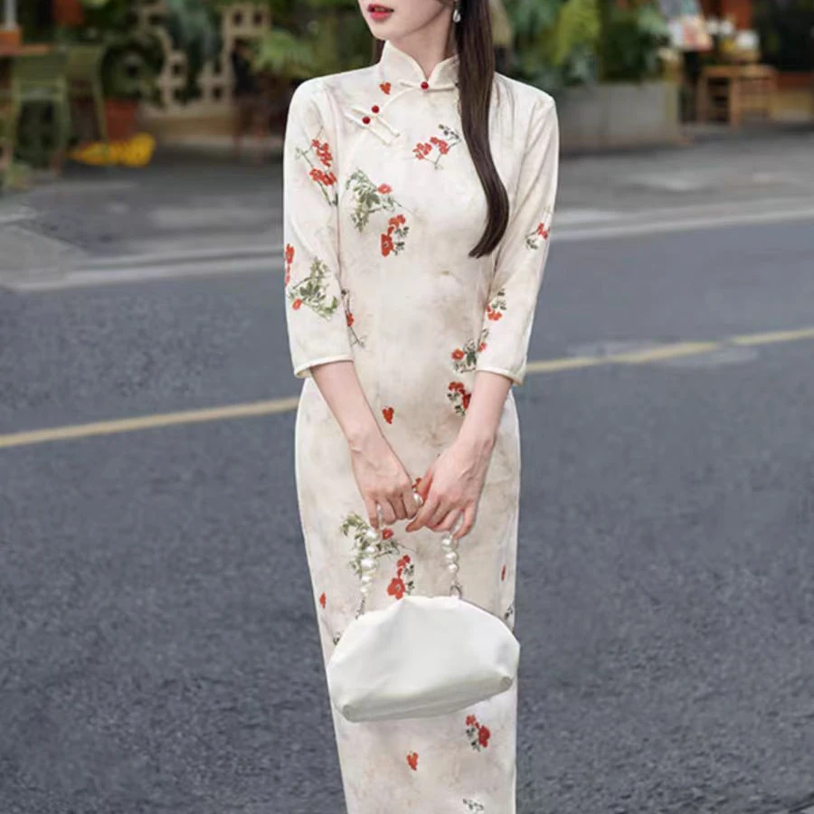 春秋改良旗袍年轻少女显瘦长袖时尚日常中国风气质修身复古印花