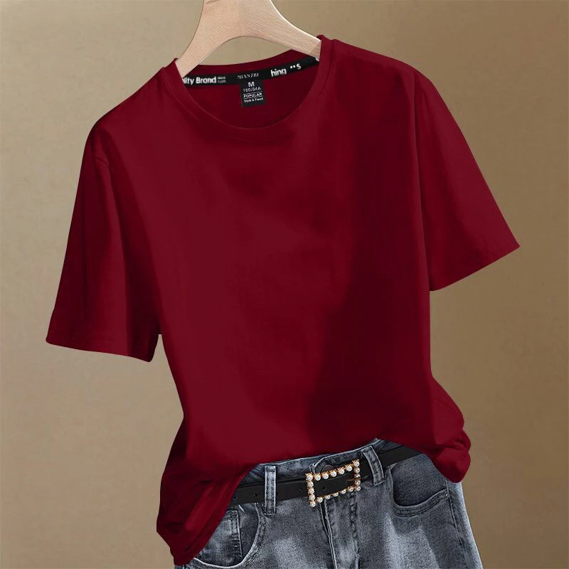纯棉t恤百搭夏季酒红色宽松纯色圆领大码显瘦洋气时尚休闲半袖女