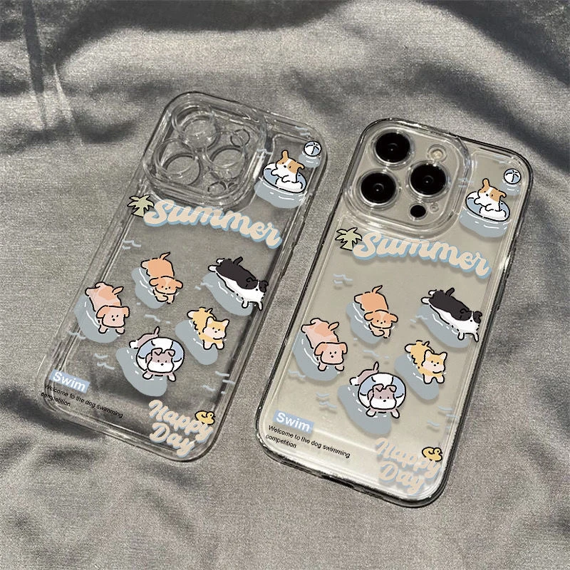 卡通游泳小狗苹果15手机壳iPhone14promax潮牌13/12透明11硅胶软7
