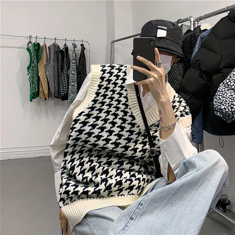 初秋季2024新款坎肩马甲男女宽松千鸟格毛衣无袖阔口新品毛织背心
