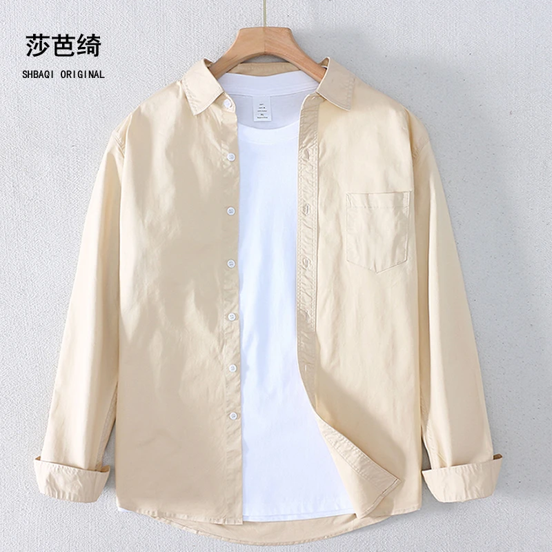 美式重磅男装纯棉长袖衬衫宽松免烫休闲翻领男高级感打底黑白衬衣