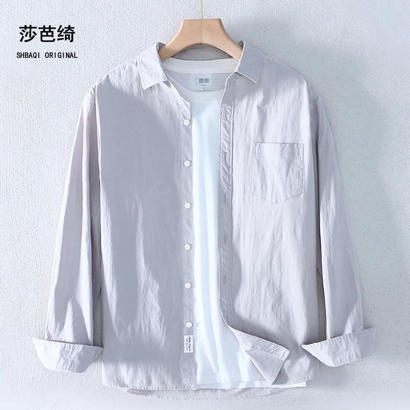 春夏薄款男士纯棉衬衫长袖宽松休闲翻领打底寸衫男式黑白色衬衣