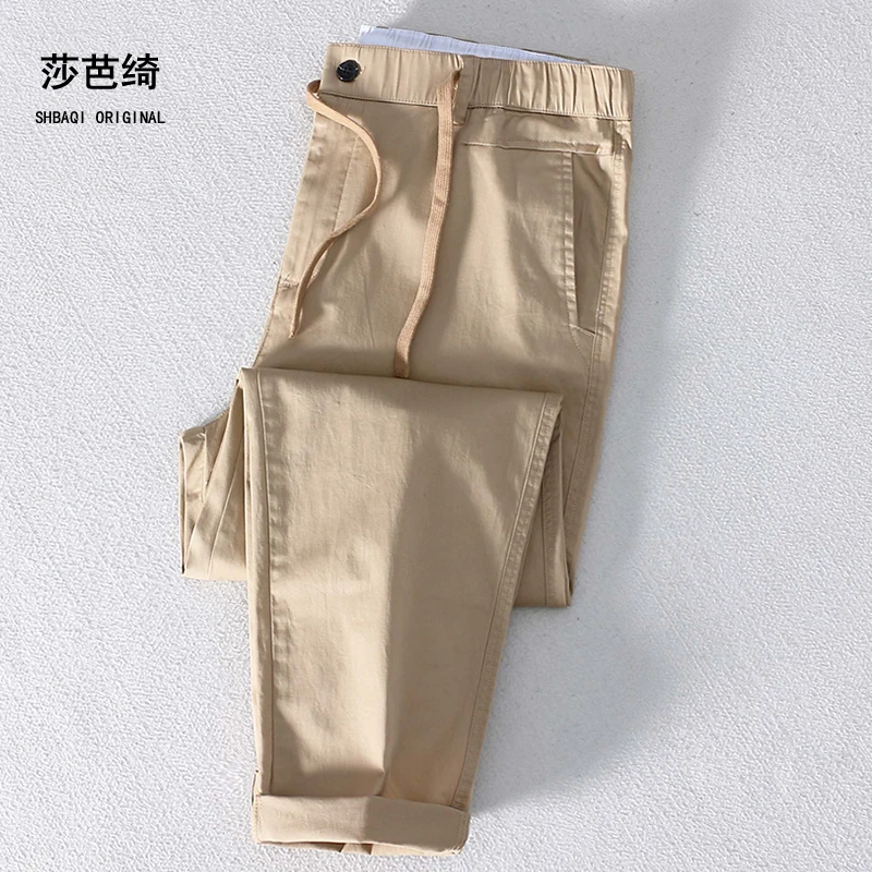 春夏松紧腰系带休闲九分裤男士弹力棉锥形裤子宽松纯色直筒裤子男
