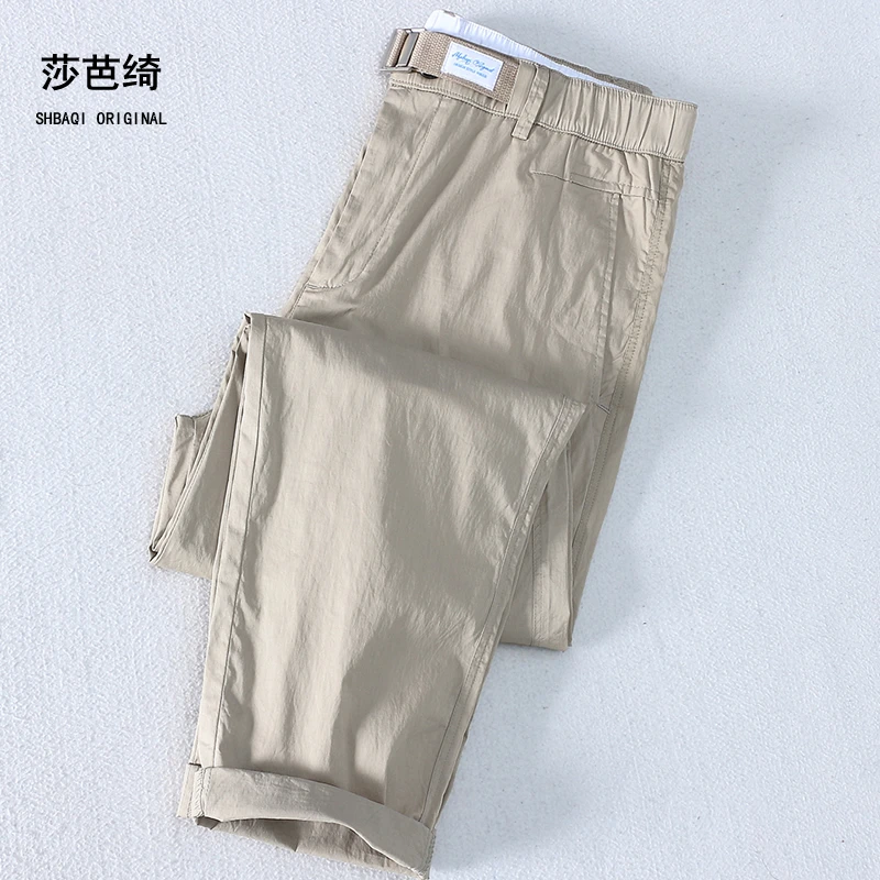 春夏季薄款潮男装9分休闲裤锥形松紧腰青年男休闲九分裤子卡其色