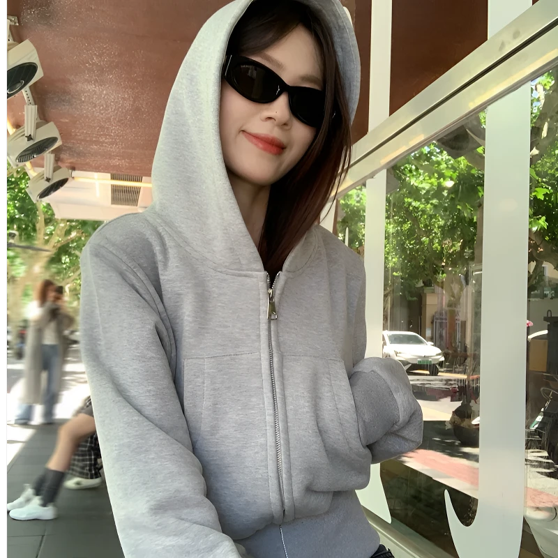 辛巴洛美式灰色连帽卫衣外套女早秋2024年新款Cleanfit开衫短款