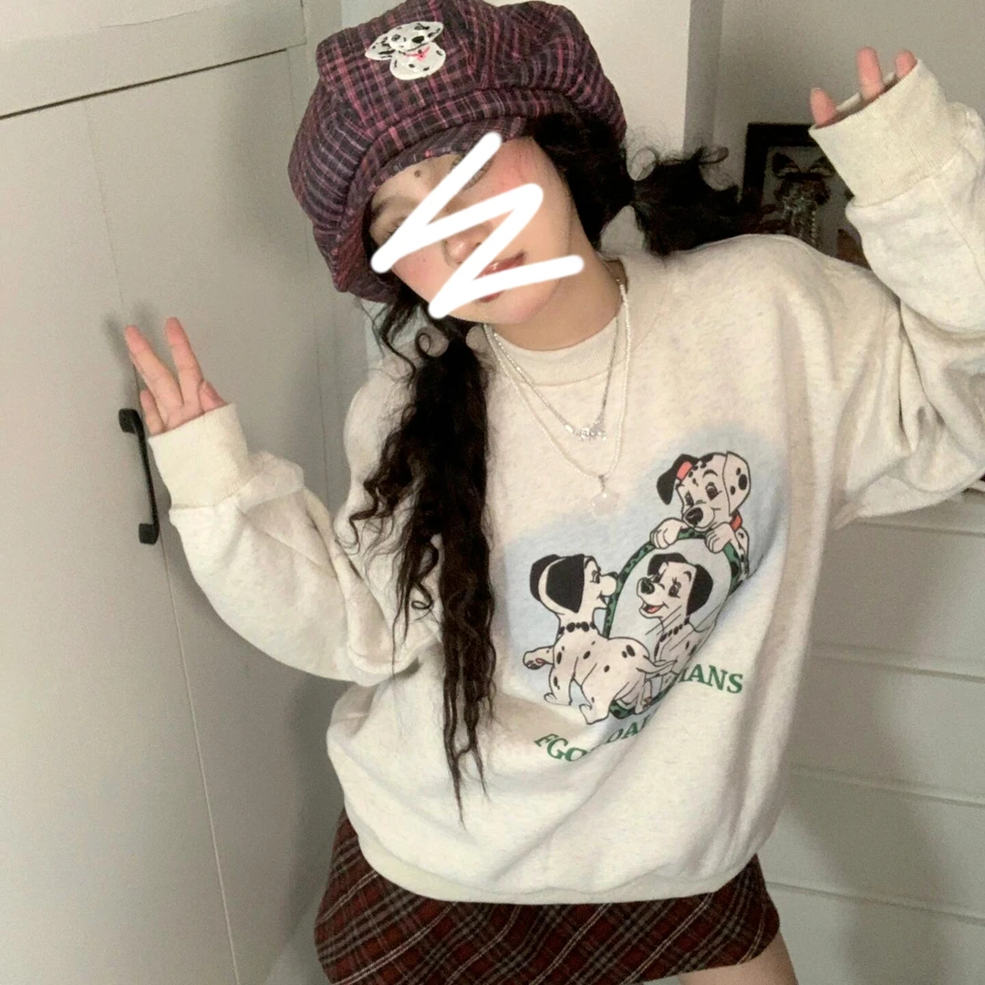 辛巴洛 美式花灰色长袖卫衣女款春秋2024新款爆款慵懒风圆领无帽