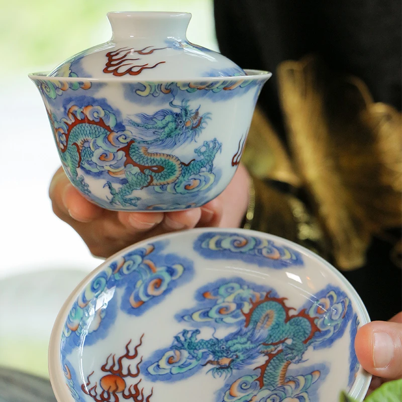 一溪山房 景德镇纯手工手绘青花斗彩陶瓷 龙纹三才盖碗 单杯