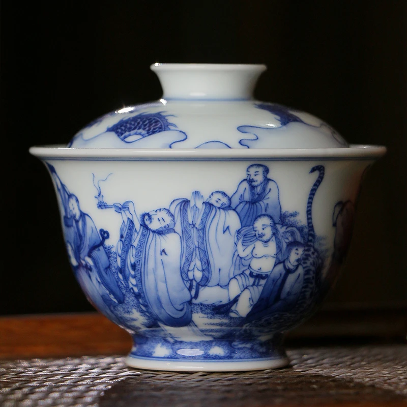 鼎宗妙也景德镇纯手工手绘青花陶瓷 十八罗汉内绘桃子盖碗