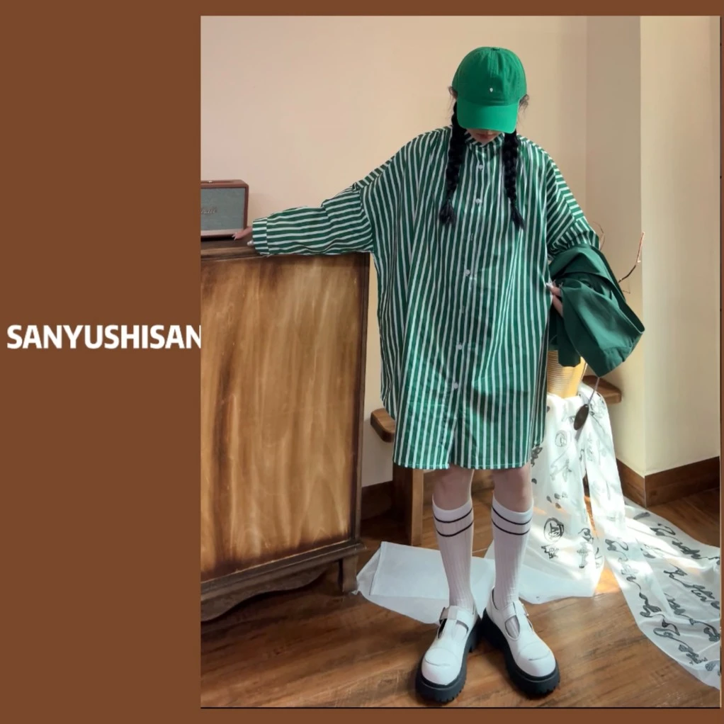 三与十三|长款衬衫裙|小众设计感休闲宽松绿色春夏百搭时尚衬衫