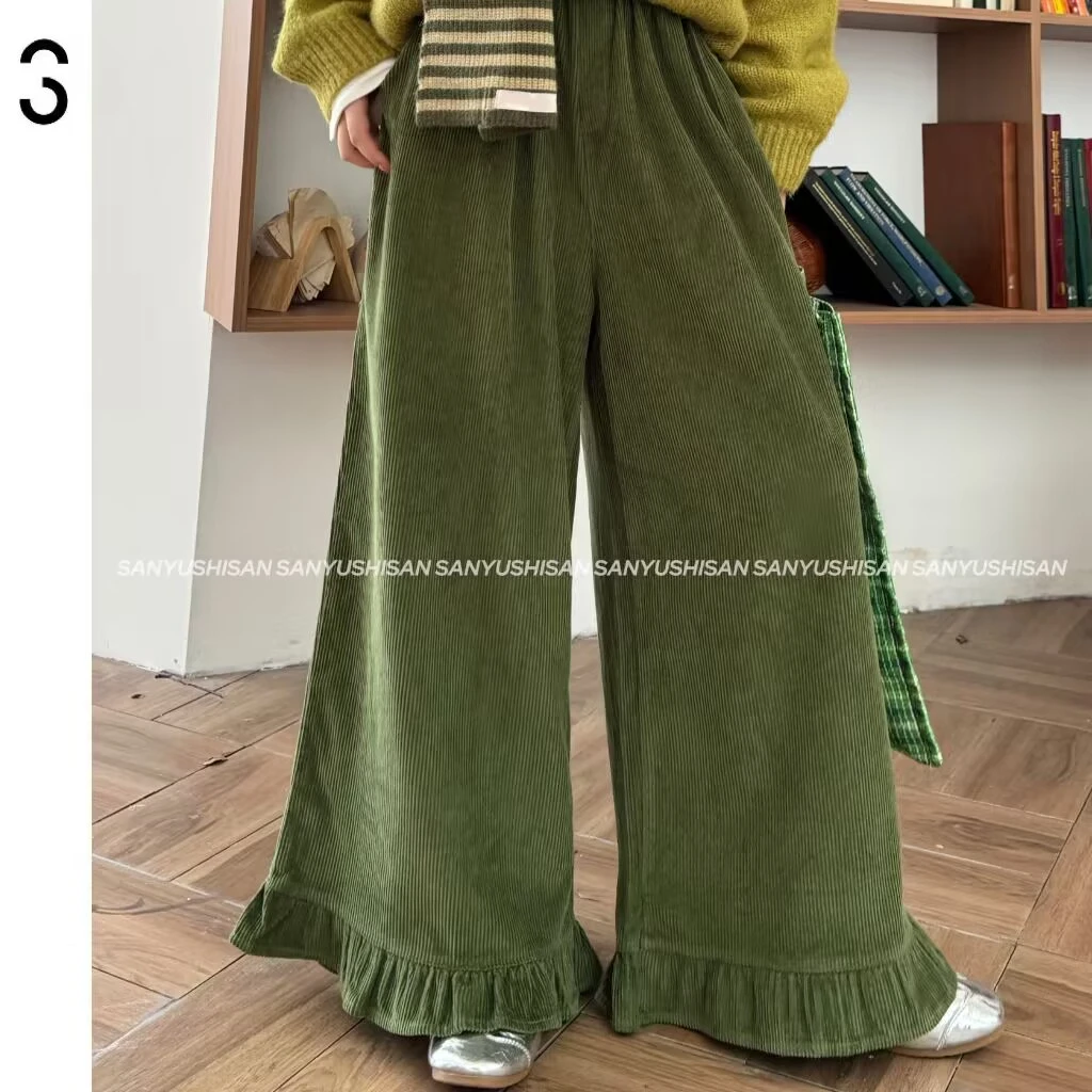 三与十三|放青松|灯芯绒花边长裤日系复古纯色宽松百搭休闲长裤