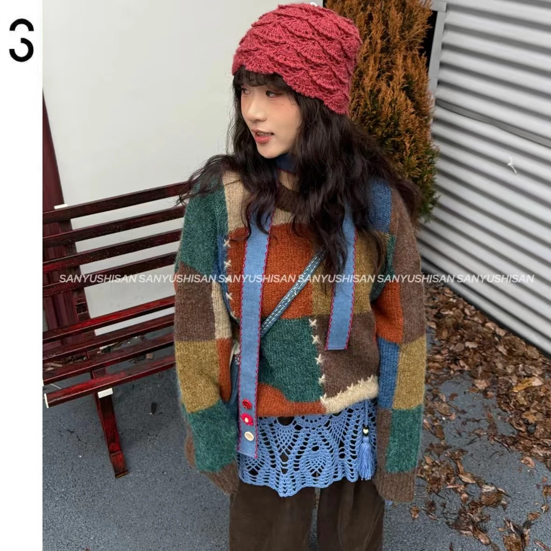 三与十三|定格时光|复古格纹撞色毛衣日系休闲百搭慵懒毛衣上衣