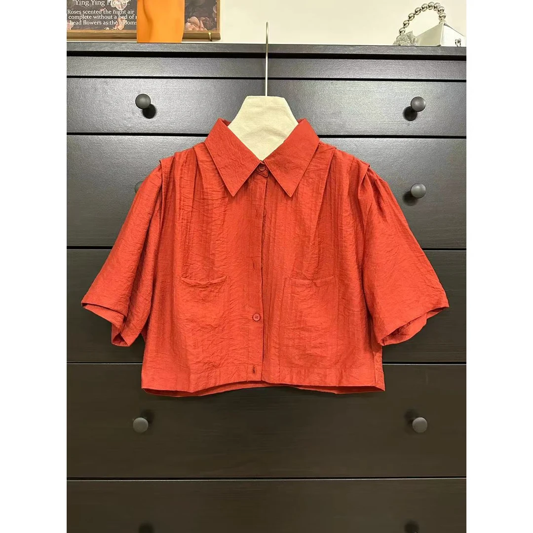 三与十三|微醺红调短款衬衫|宽松显瘦短衬衫休闲百搭纯色复古上衣