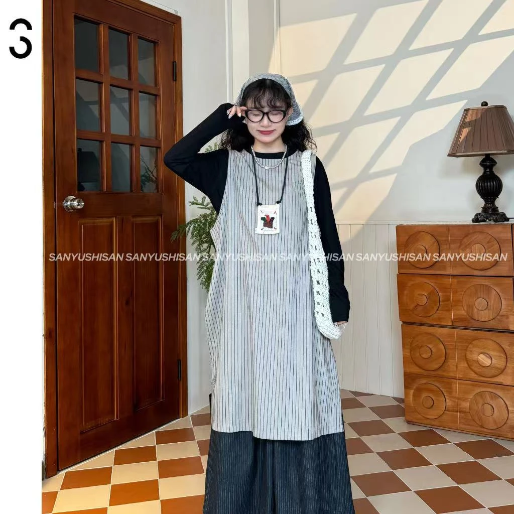 三与十三|海鸥线背心|宽松条纹设计感背心慵懒休闲百搭开衩上衣1