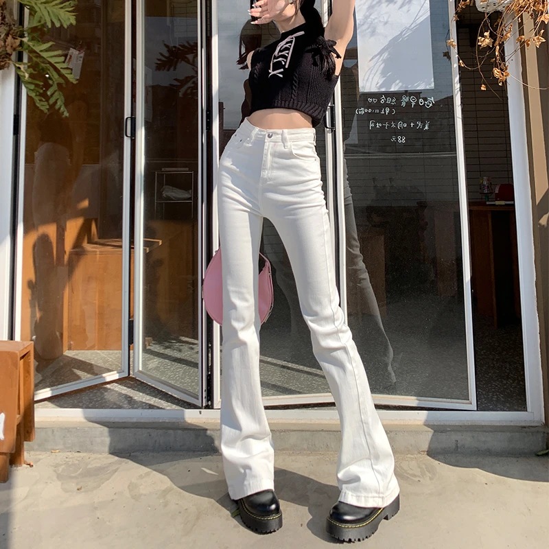 LGKG白色高腰弹力喇叭牛仔裤女小个子修身显瘦美式辣妹拖地百搭潮