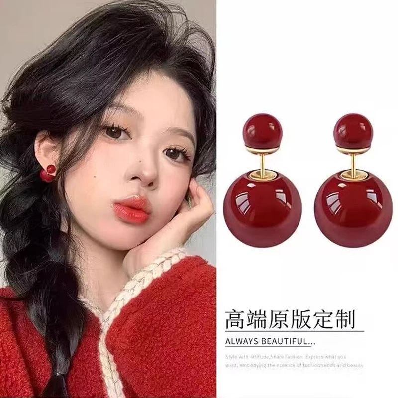 双面大小耳钉红色新年耳环新款轻奢高级感小众独特气质耳饰