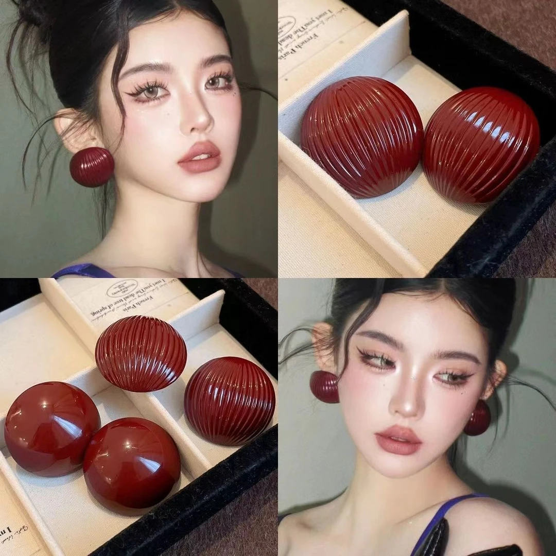 欧美风安可拉红条纹圆形金属耳钉女日韩时尚复古小众设计洋气耳饰