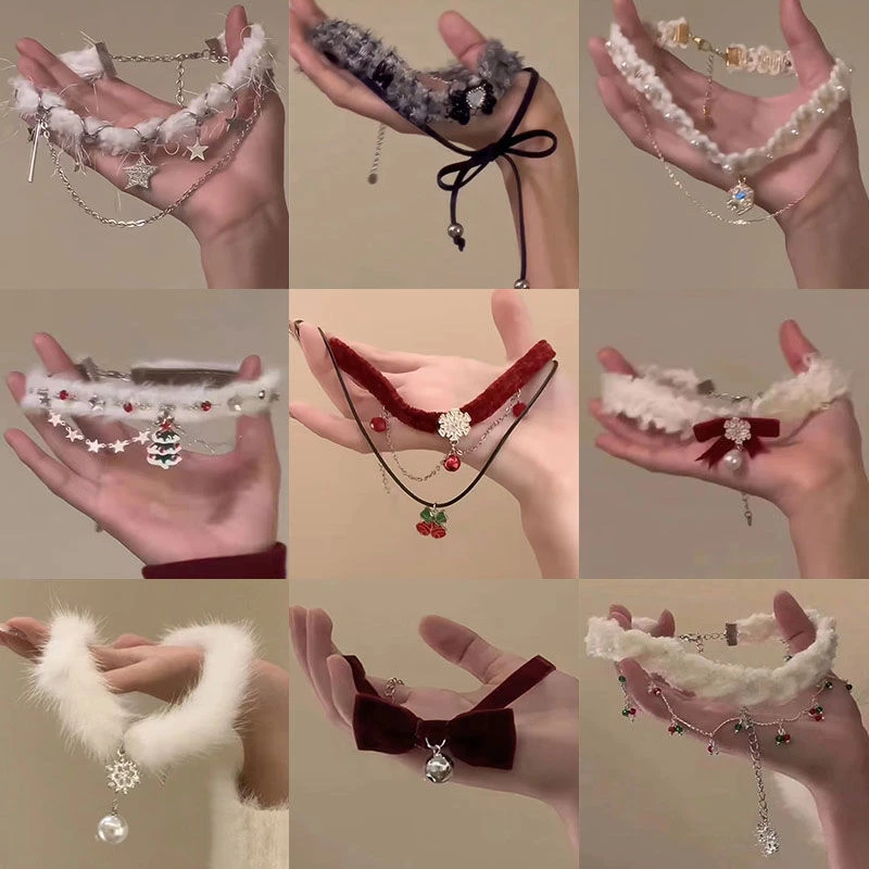 秋冬双层雪花项链毛绒choker颈链2024新款爆款锁骨链圣诞配饰百搭