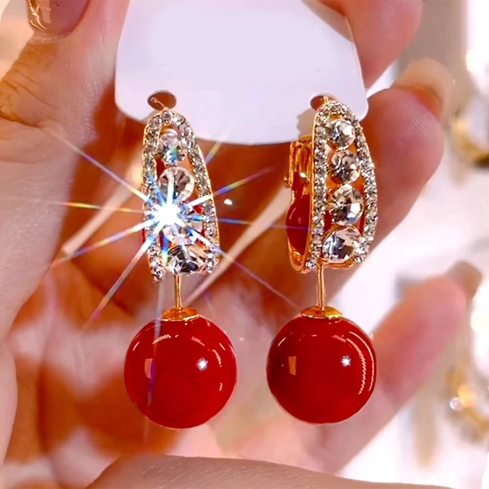 2024新款爆款耳环小香风耳扣优雅气质多戴红豆耳钉女