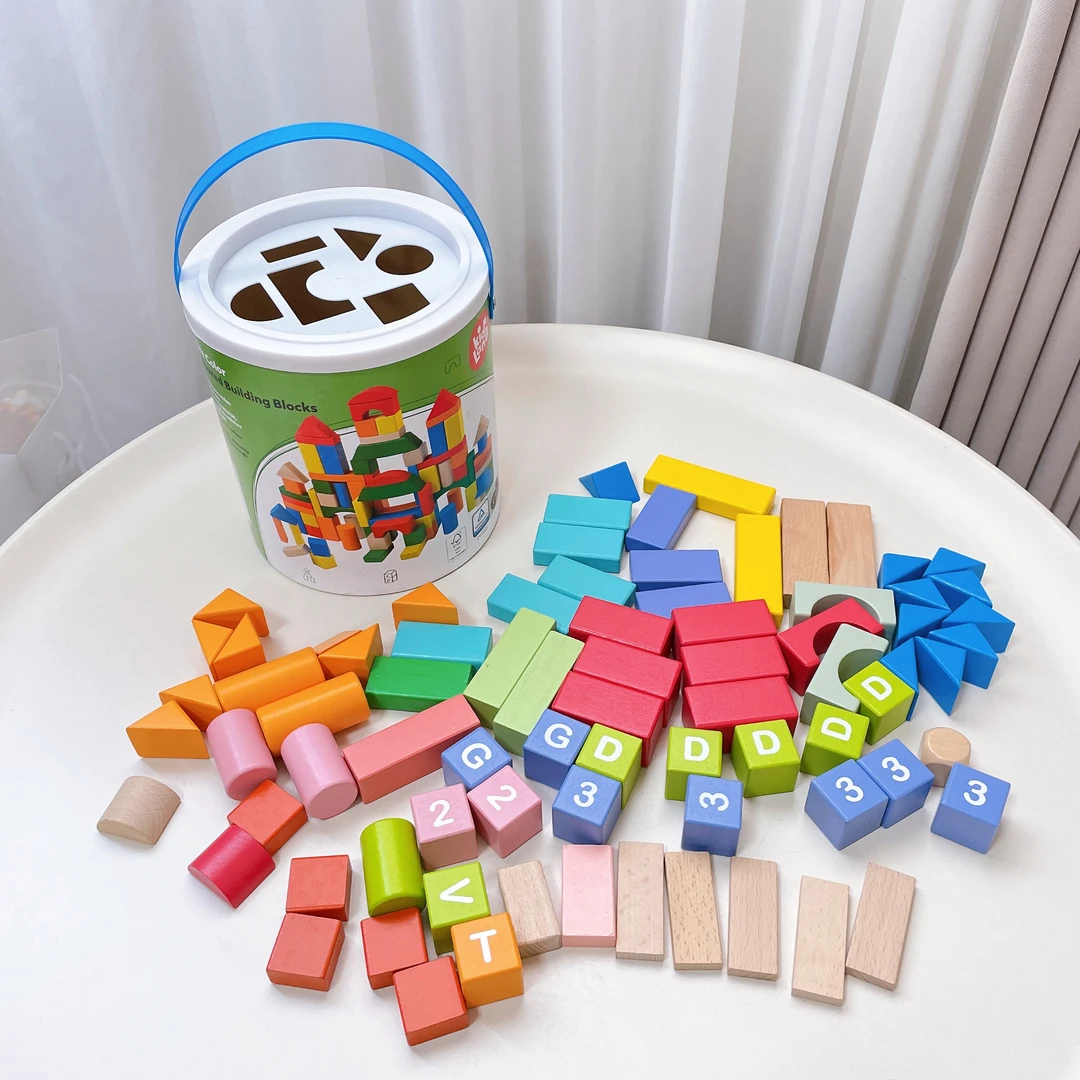 儿童木质实木积木桶装80颗粒大颗粒