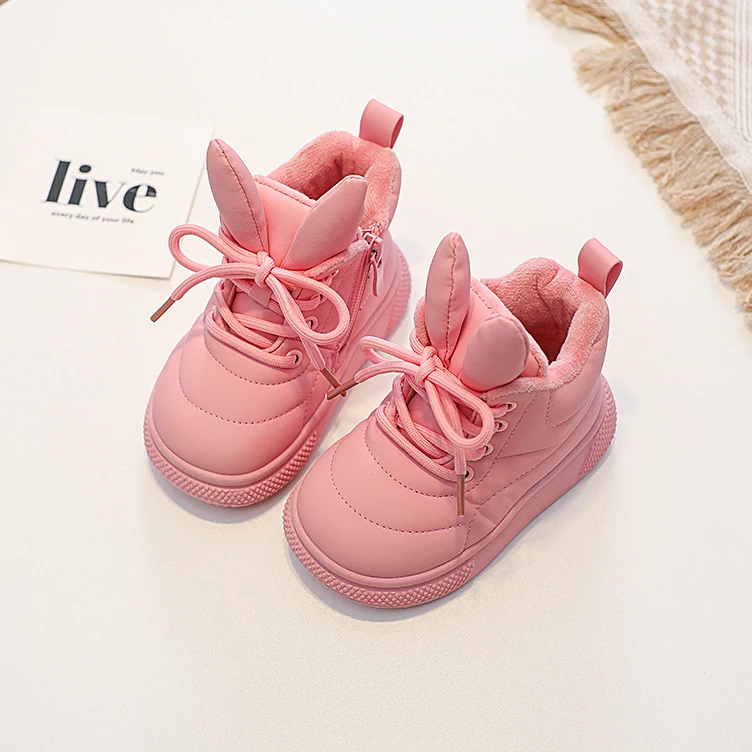 【16-30】韩版儿童棉鞋女童兔耳朵男童高帮二棉软底侧拉链面包鞋