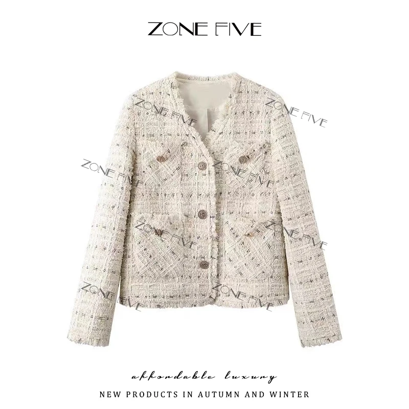 【zonefive】早秋新款法式V领花纱编织小香风外套-588