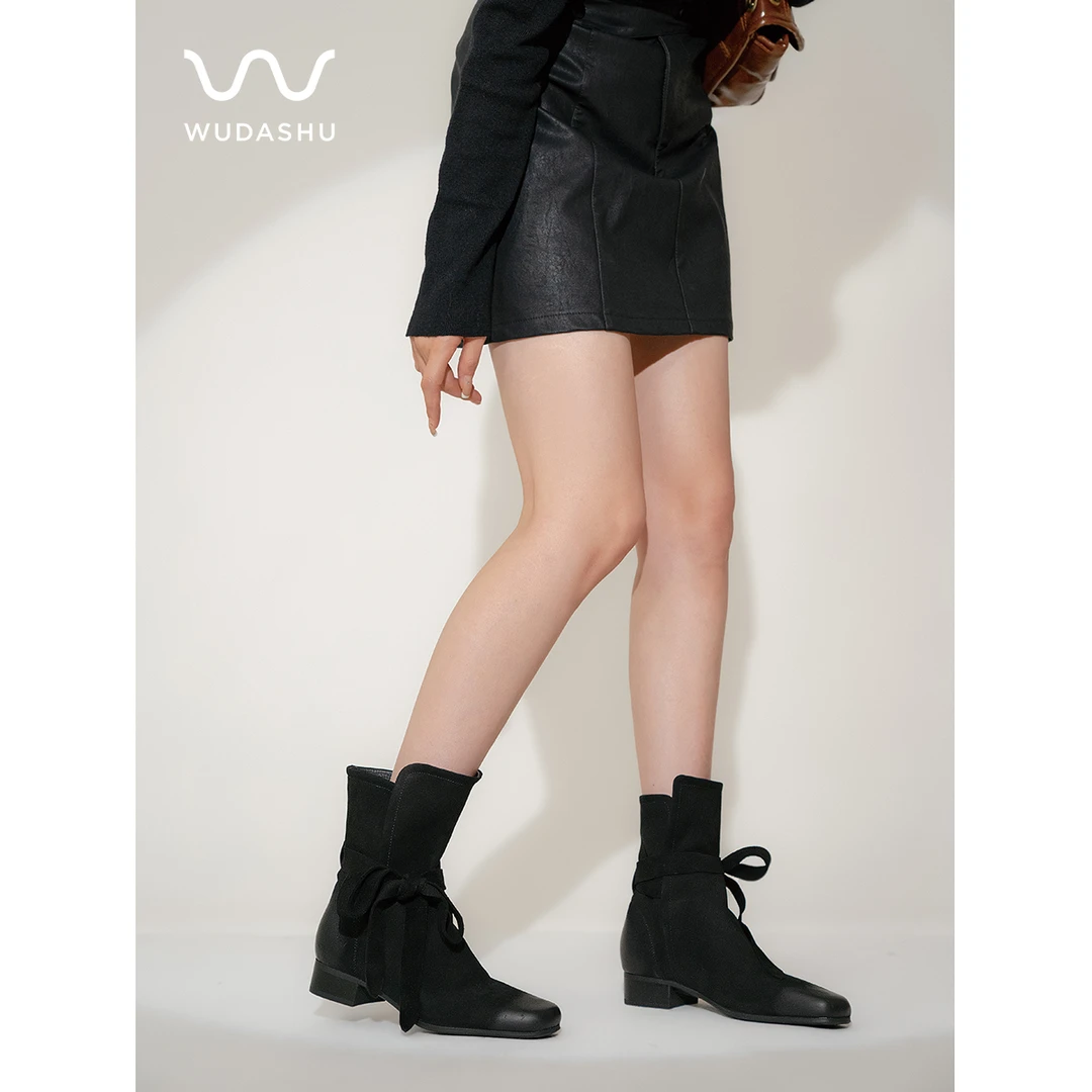 【清仓】吴大叔复古松驰感棕色短靴低跟真皮短靴系带西部靴63-219