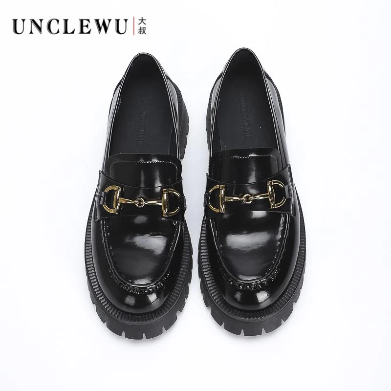 【清仓】吴大叔厚底圆头时尚平底牛皮单鞋粗跟方头乐福鞋OS8-111