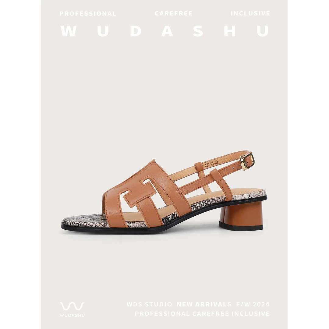 【清仓】吴大叔外穿镂空粗跟凉鞋女复古法式后空露趾女凉鞋10-517