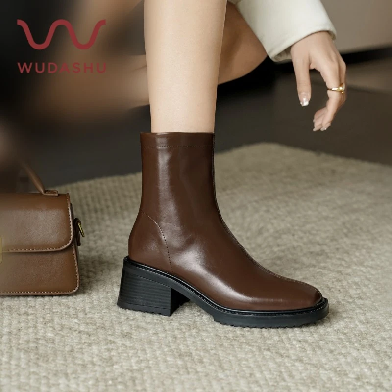 【清仓】吴大叔秋冬时尚方头厚底短靴真皮单靴粗跟瘦瘦靴女靴27-351