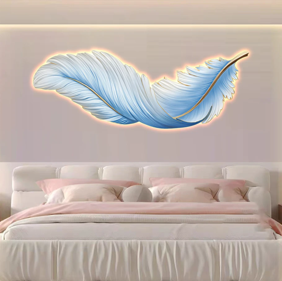 蓝色单羽毛灯画氛围装饰画简约卧室沙发客厅背景墙发光发亮装饰画