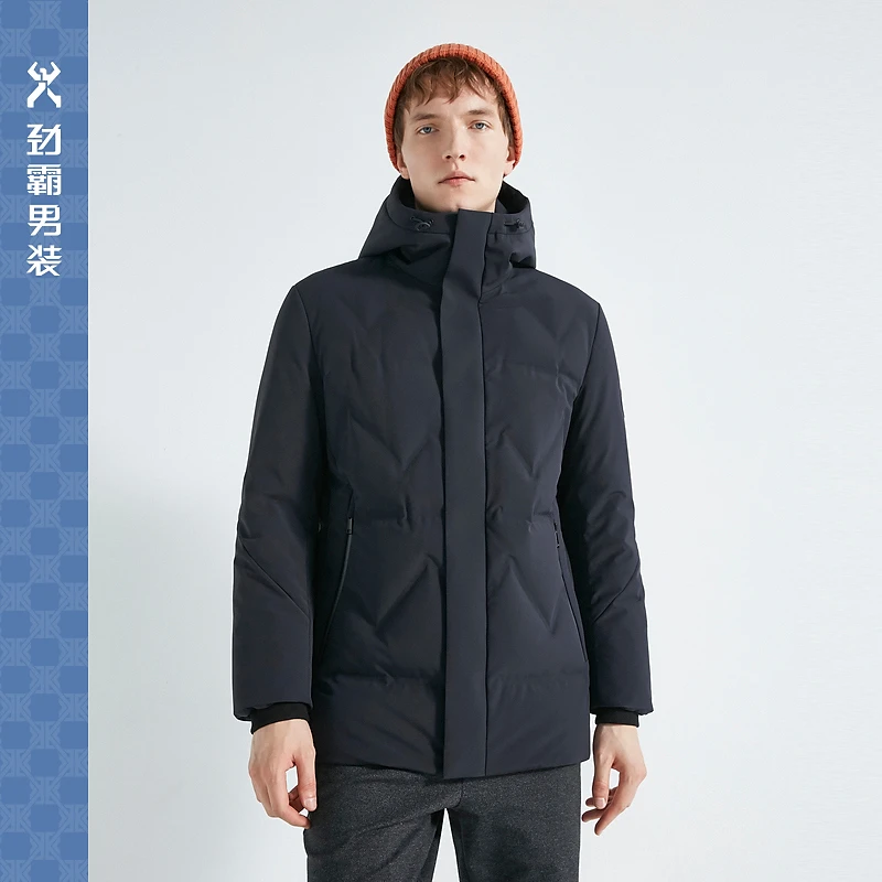 劲霸户外冬季夹克中长版连帽白鸭绒保暖薄羽绒服男|VREC3305