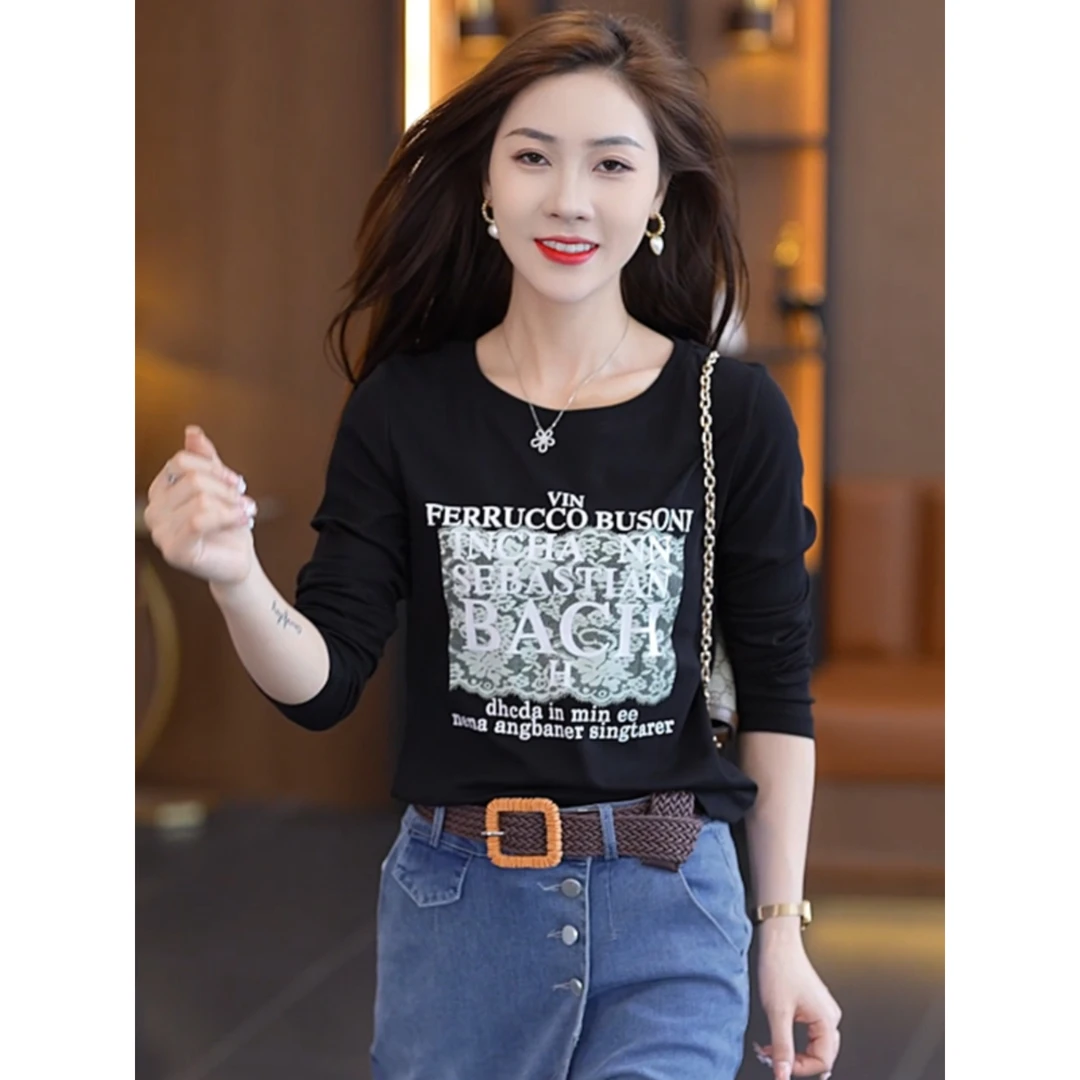 2024春秋百搭显瘦长袖T恤女季印花洋气时尚宽松韩版短款圆领上衣