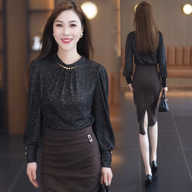 洋气圆领褶皱长袖衬衣2024年秋冬季新款高级感百搭气质打底衫上衣