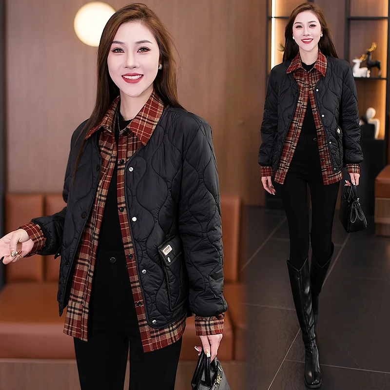 时尚格子衬衣拼接保暖棉服2024秋冬季新款洋气假两件加厚棉袄外套