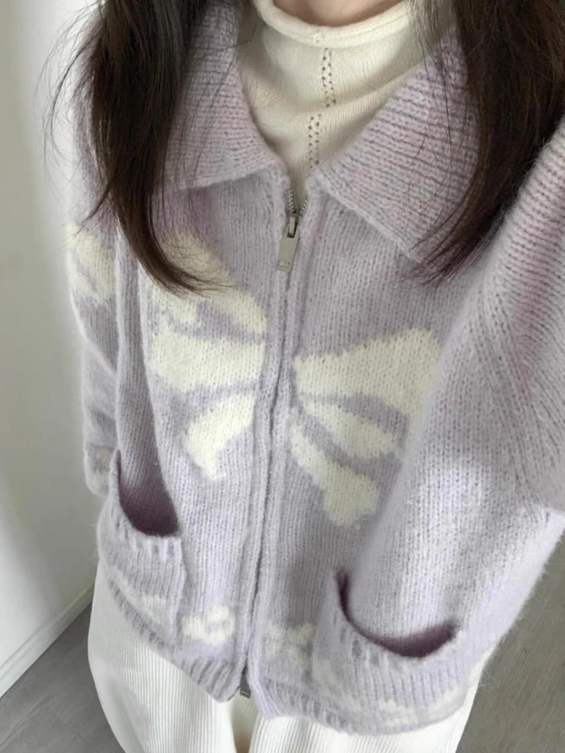 【捡漏福利】紫色蝴蝶图案开衫针织毛衣宽松外套女