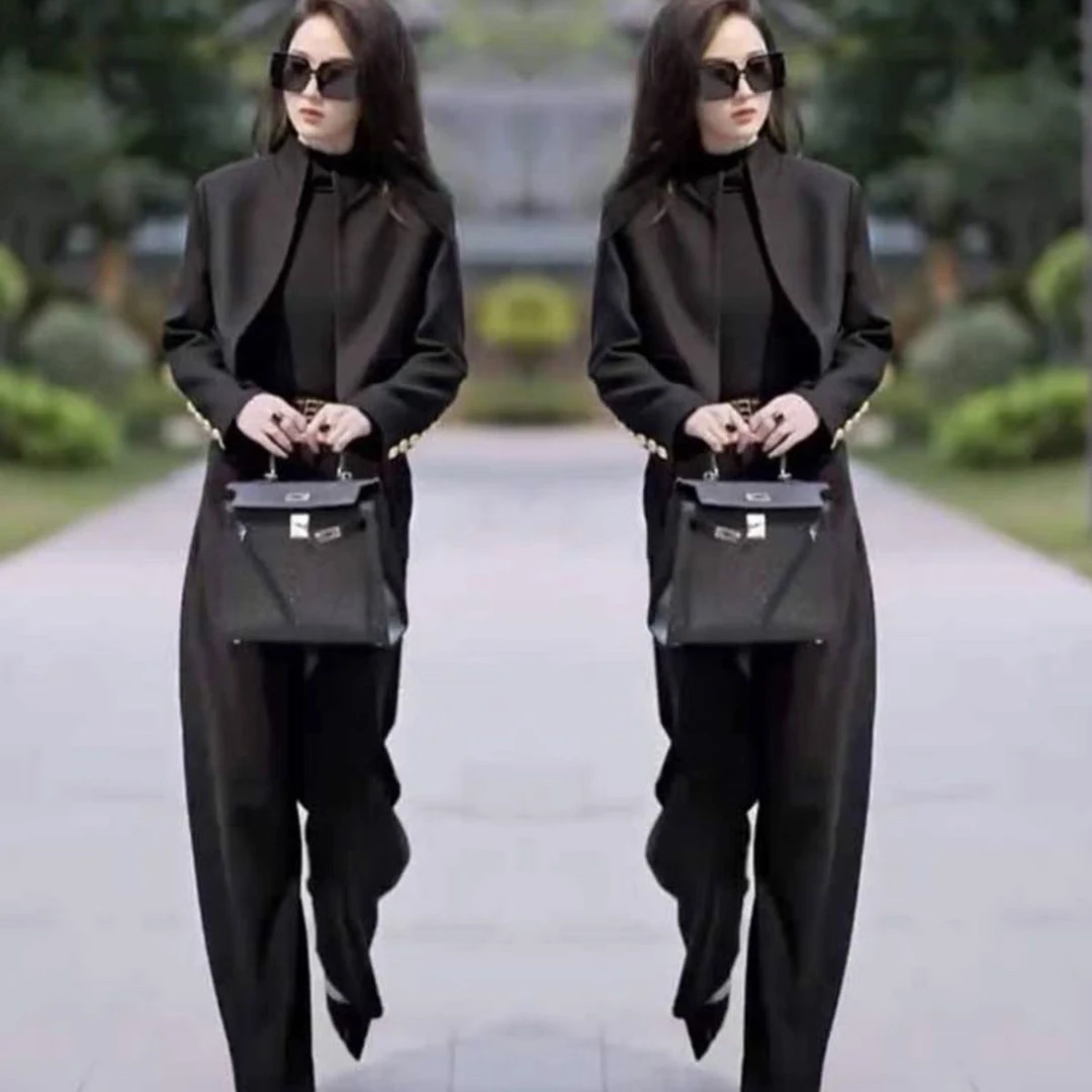 爆款时尚两件套秋冬款赫本风立领西服显瘦阔腿裤