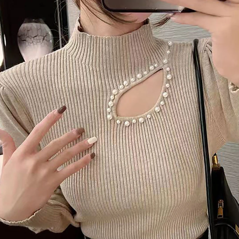 镂空钉珠百搭长袖毛衣针织衫女新款春秋半高领洋气打底衫修身