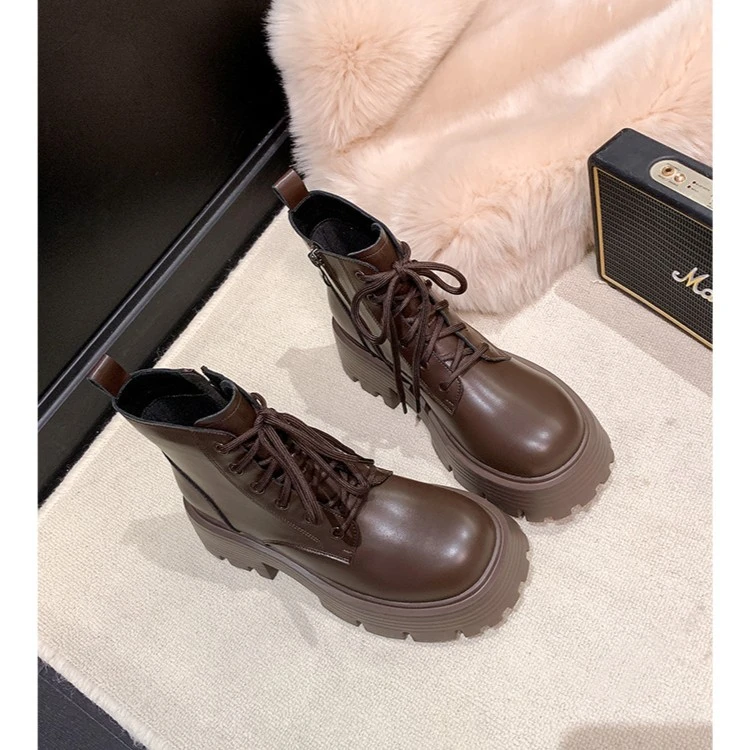 2023新款短靴加绒英伦风靴子小码3334厚底6公分女靴子秋冬马丁靴