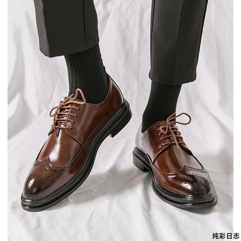 棕色尖头皮鞋男士布洛克商务正装内增高休闲软底高级感结婚新郎鞋