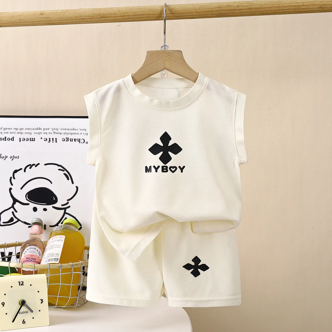 夏季新款儿童套装轻薄透气短袖无袖休闲时尚洋气华夫格儿童套装