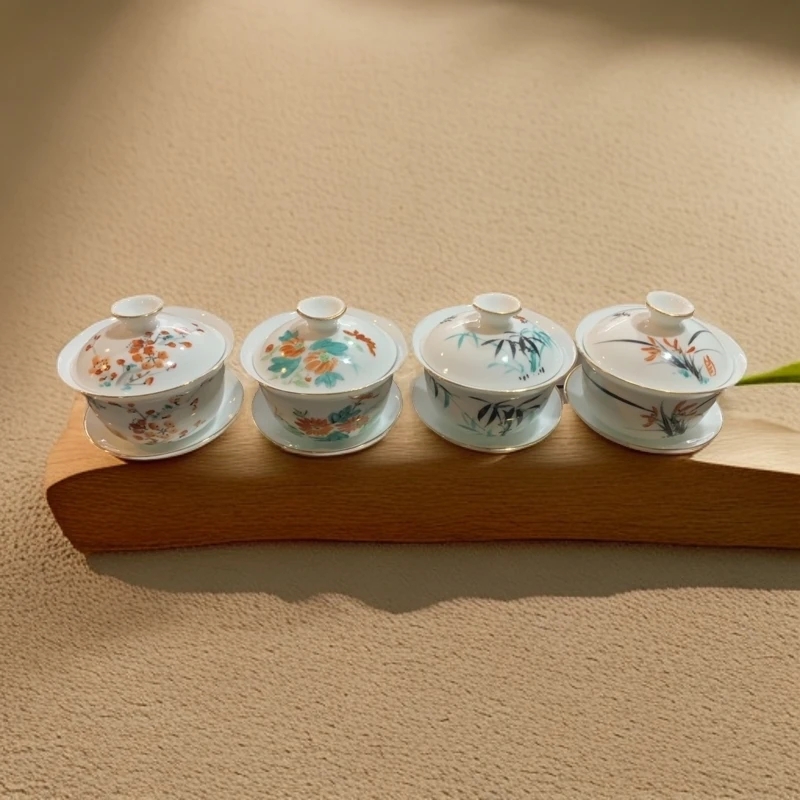 潮汕功夫茶手绘梅兰竹菊三才盖碗容量100cc