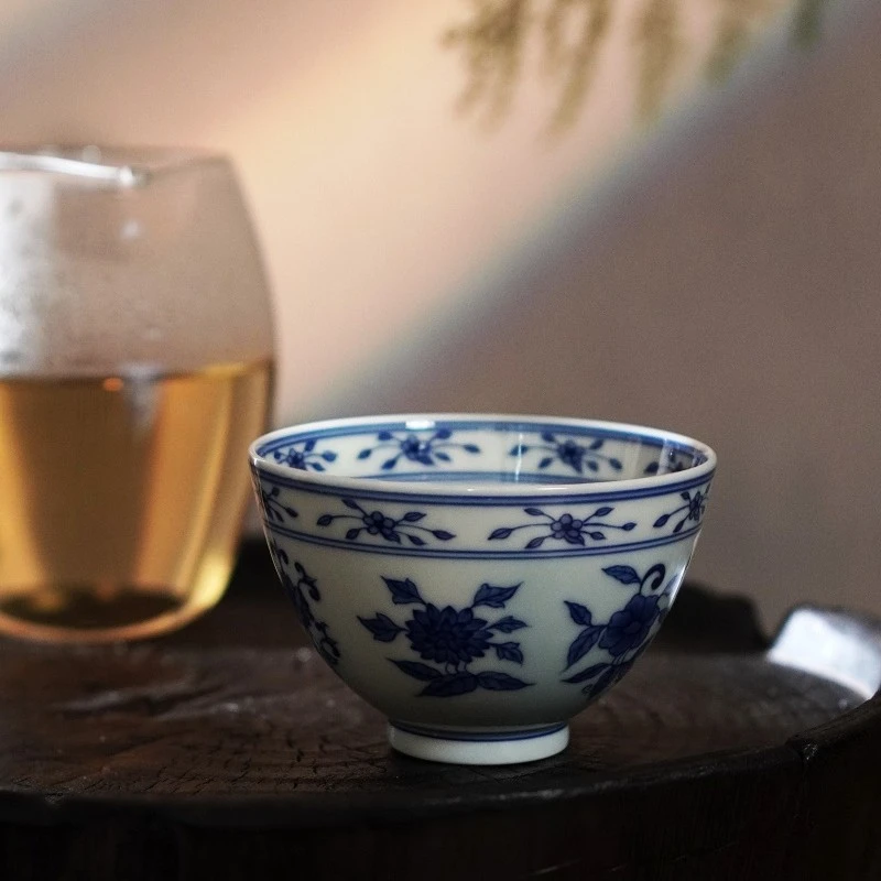 【天成赏瓷】手绘柴窑青花十二花神鸡心杯茶器茶盏高端瓷器yd.