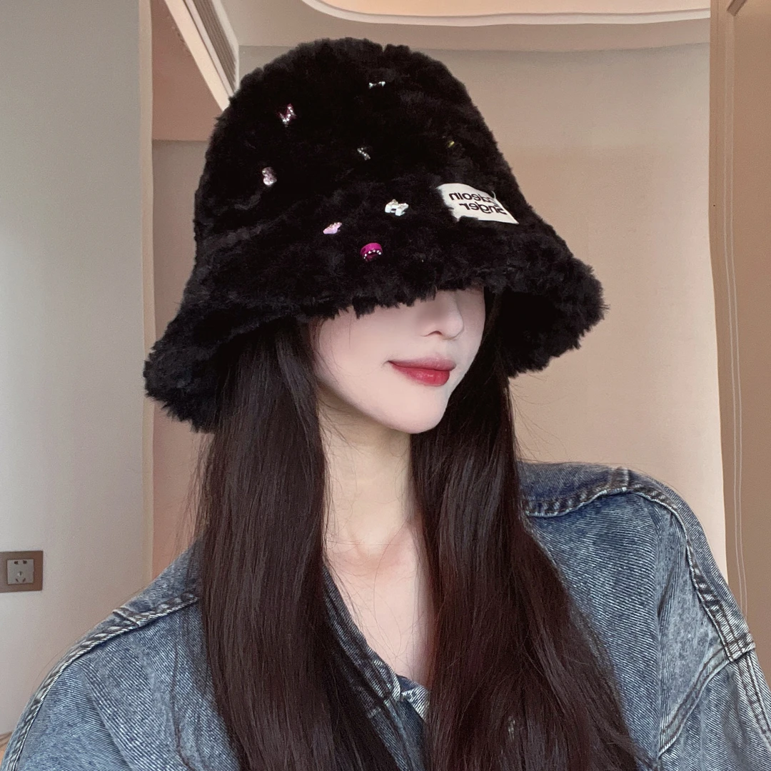 【LISHU】毛茸茸手工字母钻百搭渔夫帽时尚潮流风宽檐显脸ins加厚