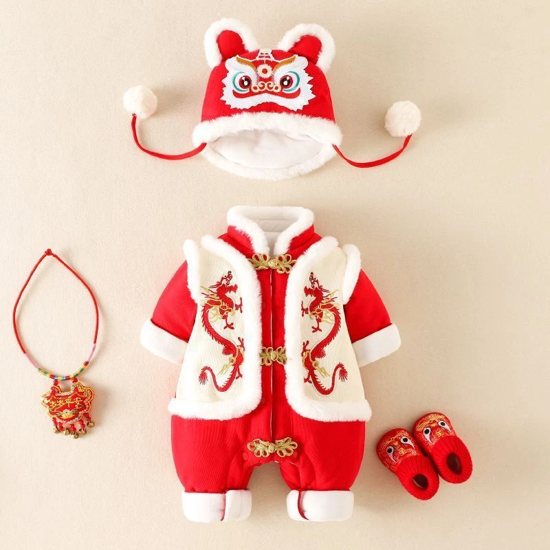 婴幼儿拜年服棉服连体衣服男女宝宝百天过年哈衣冬季加厚外出爬服