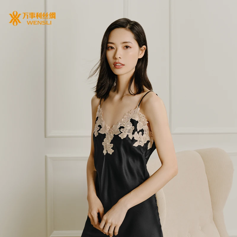 Wensli/万事利时尚舒适透蕾丝气桑蚕丝吊带裙真丝睡裙-蔓延（女）