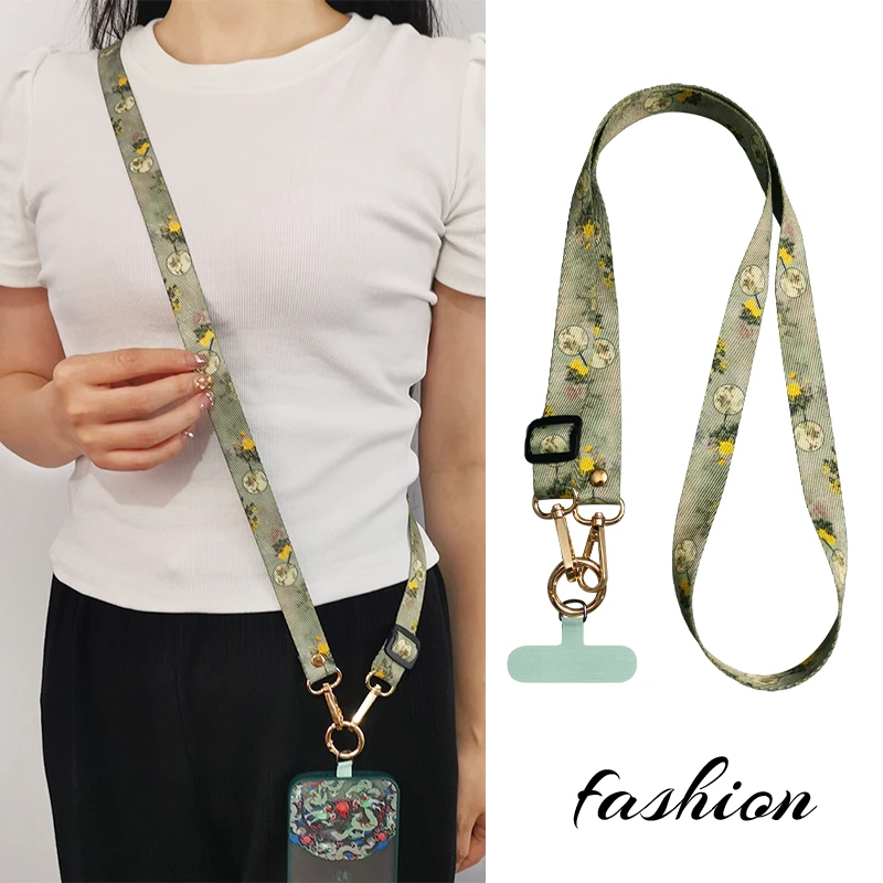 手机挂绳宽版斜挎背带挂件高端彩绘帆布挂饰带子长款可调节挂脖绳