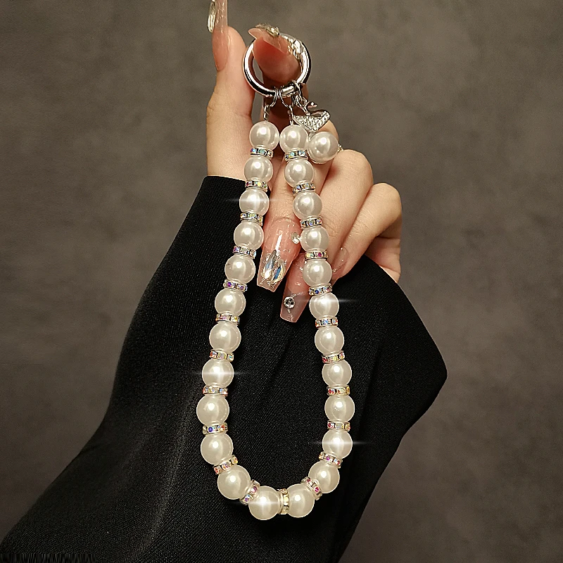 奢华高级感水钻圆珠手提链短款手腕挂链时尚手工串珠吊坠手机挂绳