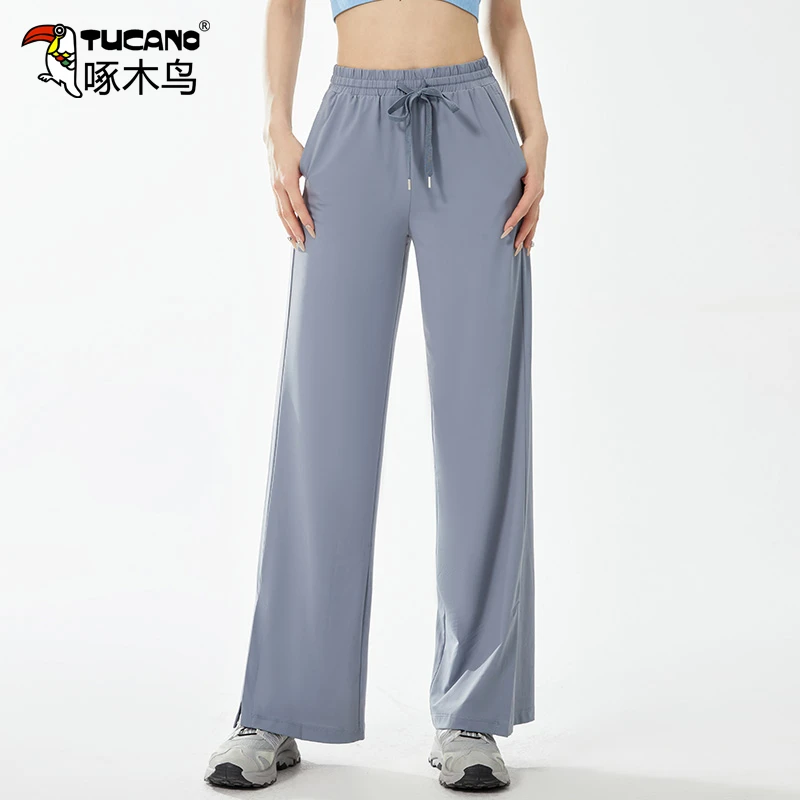 啄木鸟休闲冰丝速干女裤2024新款夏季薄款长裤显瘦阔腿百搭运动裤