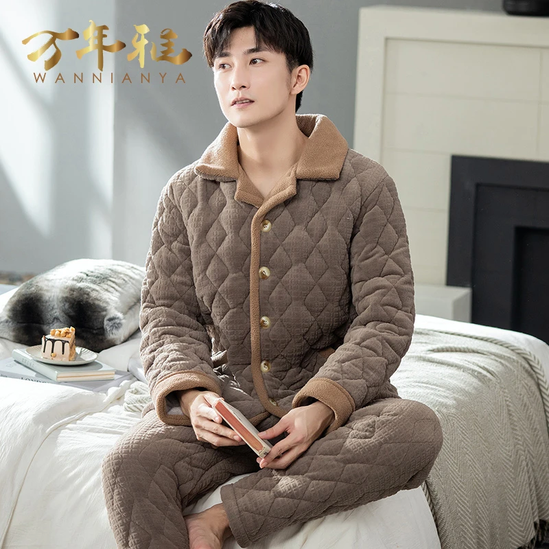 睡衣男士冬季三层加厚夹棉珊瑚绒加绒保暖法兰绒家居服2024年新款