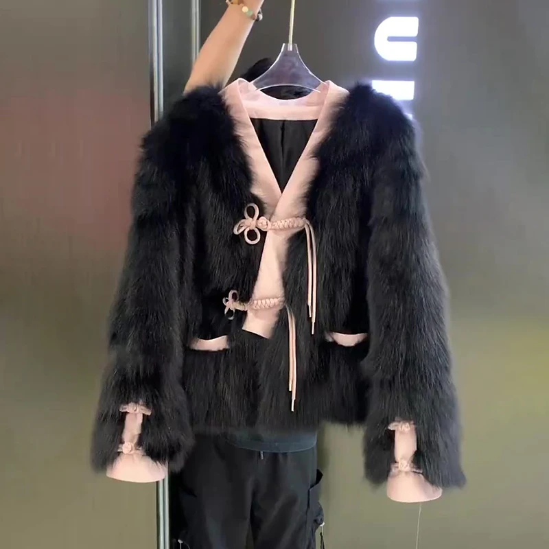 黑色国风中国结盘扣毛毛外套女秋冬新款气质款百搭毛毛外套32902#